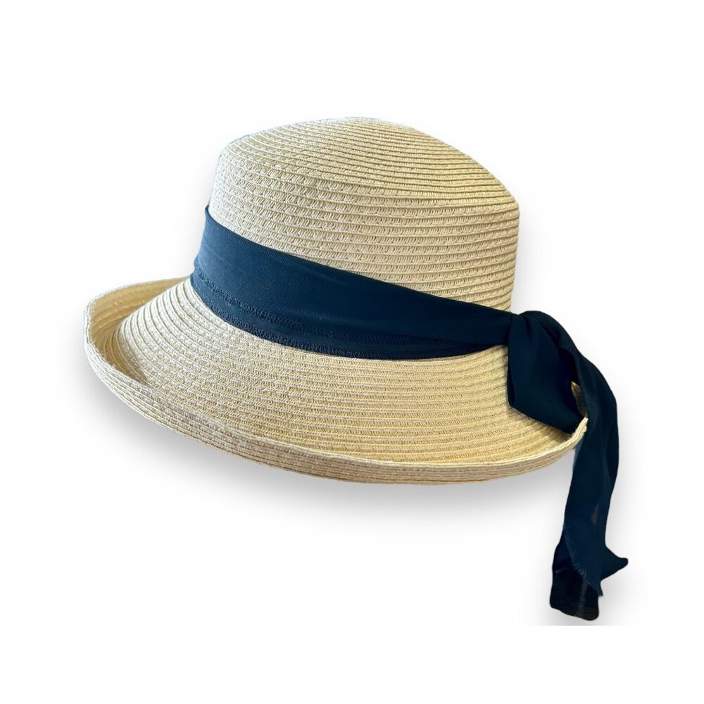 Sun Hat with Black Sheer Bow tan straw cottagecore coquette country